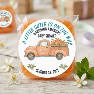 Adesivo Redondo Chá de Bebê Caminhão Laranja Little Cutie Vintage