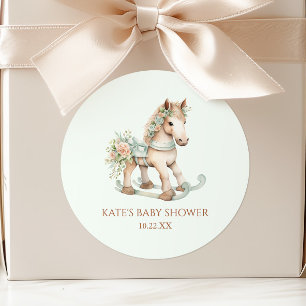 Adesivo Redondo Chá de Bebê Cavalo de Balanço Brinquedo Floral Vin