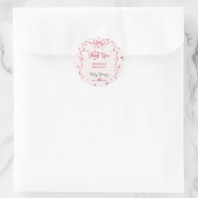 Adesivo Redondo Chá de Bebê Cherry Bow Obrigado (Bolsa)