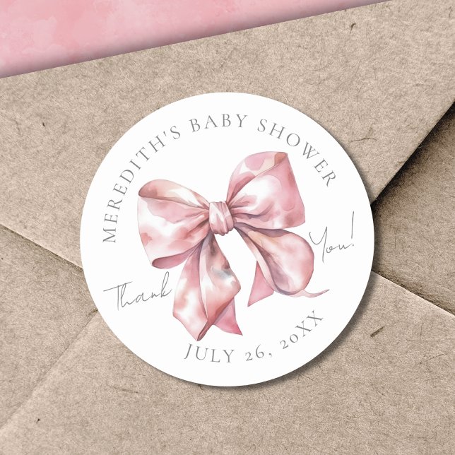 Adesivo Redondo Chá de Bebê com Laço Rosa (Pink Bow Baby Shower Thank You Classic Round Sticker)
