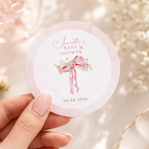 Adesivo Redondo Chá de Bebê Coquette com Laço Rosa Floral