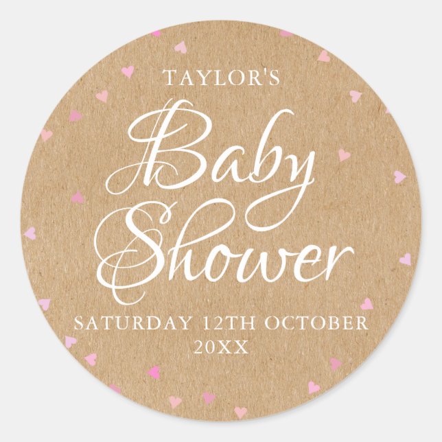 Adesivo Redondo Chá de bebê corações rosa kraft rústico (Frente)