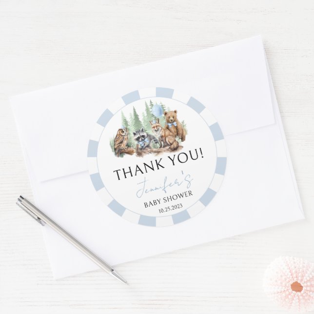 Adesivo Redondo Chá de bebê da floresta azul-clara (Envelope)