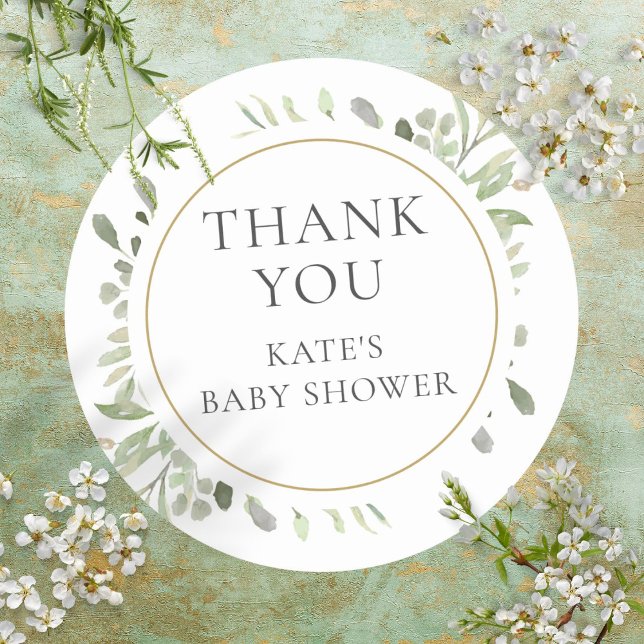 Adesivo Redondo Chá de Bebê de Agradecimento de Aguarela Verde (Watercolour Greenery Baby Shower Thank You Classic Round Sticker)
