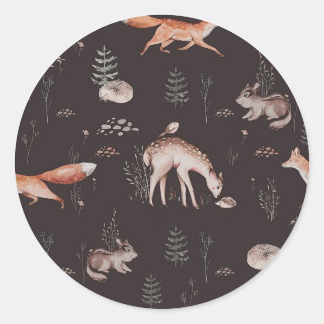 Adesivo Redondo Chá de Bebê de Animais da Floresta em Aquarela (Frente)