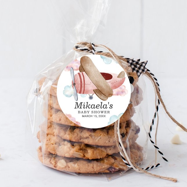 Adesivo Redondo Chá de Bebê de Avião Antigo Rosa Agradecimento (Criador carregado)