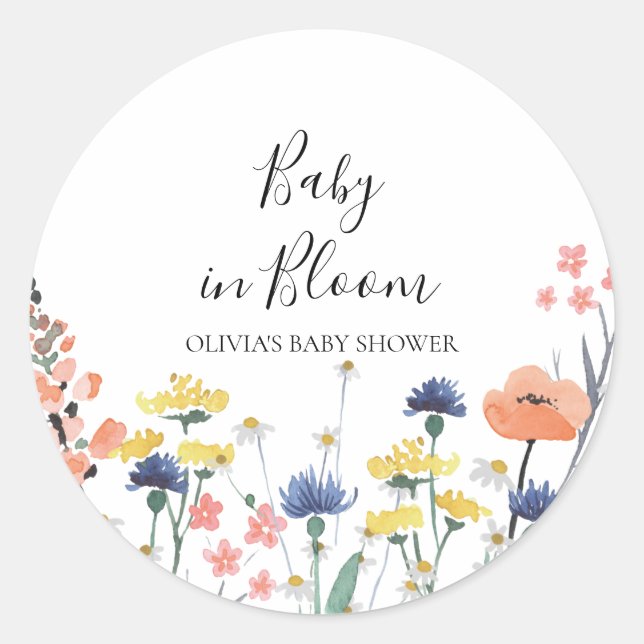 Adesivo Redondo Chá de bebê de bebê em flor de flores silvestres (Frente)