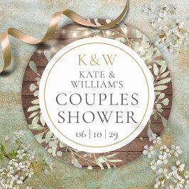 Adesivo Redondo Chá de Bebê de Casal com Monograma Rústico e Folha