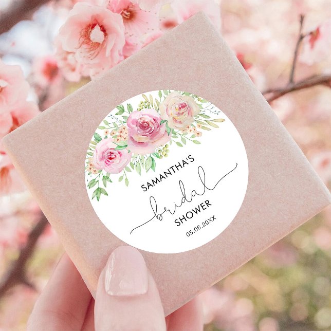 Adesivo Redondo Chá de bebê de casamento com rosas elegantes (Criador carregado)