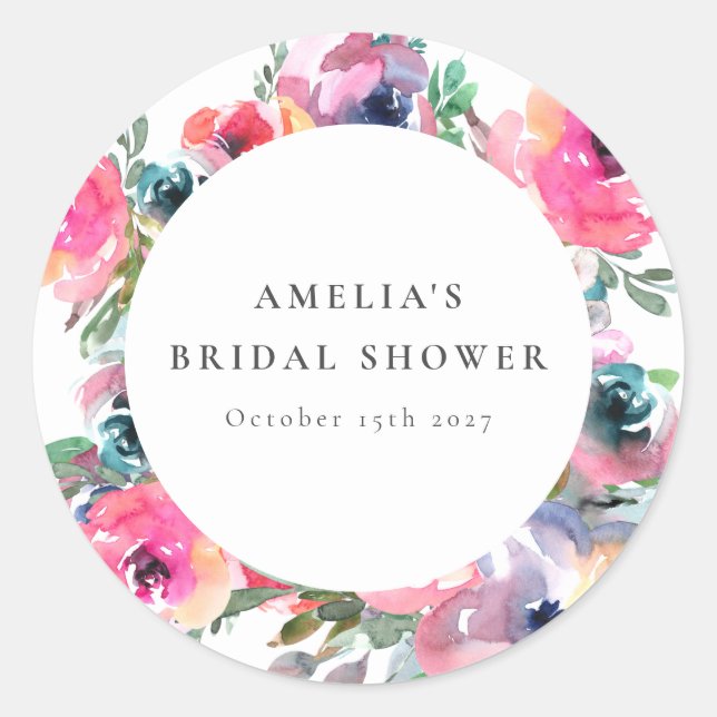 Adesivo Redondo Chá de Bebê de Cores Boho Floral Aquarela (Frente)