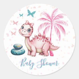 Adesivo Redondo Chá de Bebê de Dinossauro Rosa Fofo