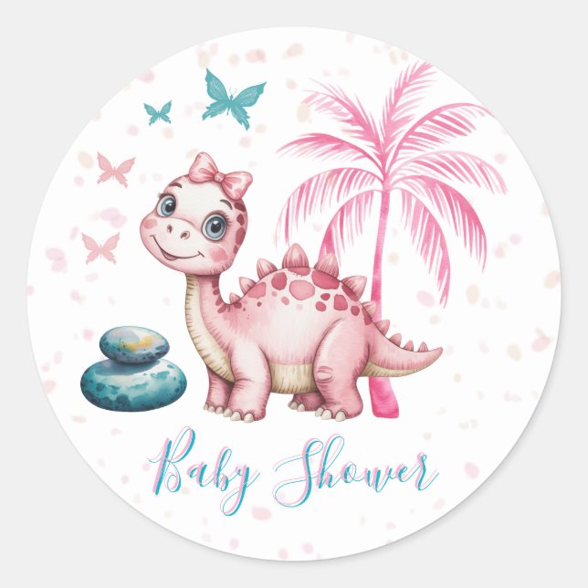 Adesivo Redondo Chá de Bebê de Dinossauro Rosa Fofo (Frente)