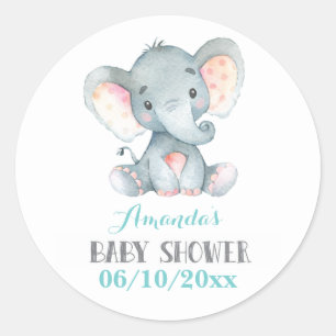 Adesivo Redondo Chá de Bebê de Elefante Aqua e Cinza