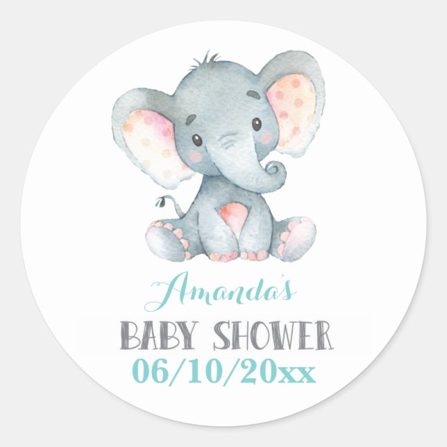 Adesivo Redondo Chá de Bebê de Elefante Aqua e Cinza (Frente)