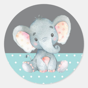 Adesivo Redondo Chá de Bebê de Elefante Aqua e Cinza
