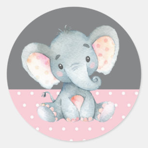 Adesivo Redondo Chá de Bebê de Elefante Menina Rosa e Cinza