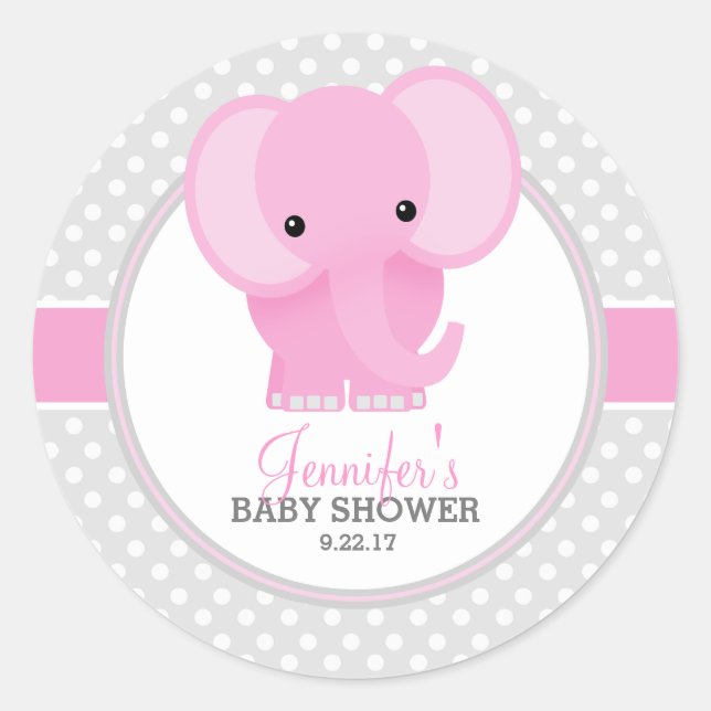 Adesivo Redondo Chá de Bebê de Elefante (rosa) (Frente)