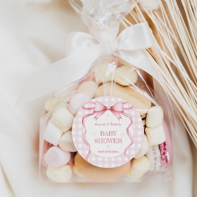 Adesivo Redondo Chá de Bebê de Fita de Arco Rosa-Blush (Criador carregado)