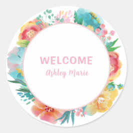 Adesivo Redondo Chá de Bebê de Flor de Aquarela Rosa Personalizáve