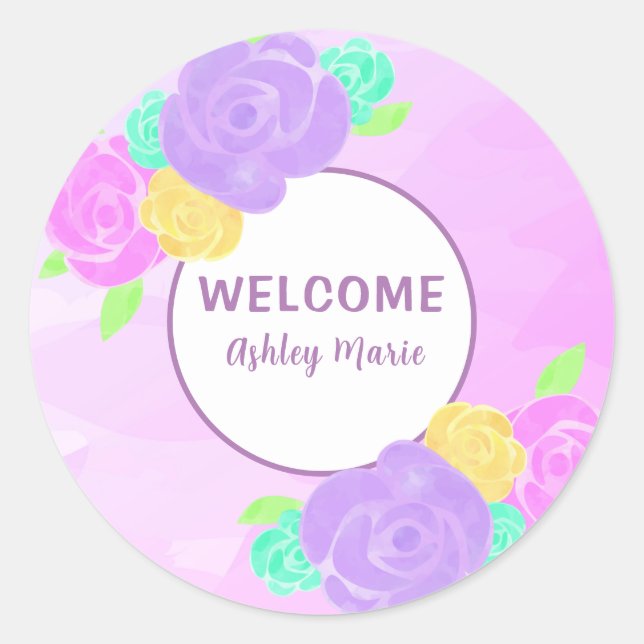 Adesivo Redondo Chá de Bebê de Floral de Aquarela Roxa Personalizá (Frente)
