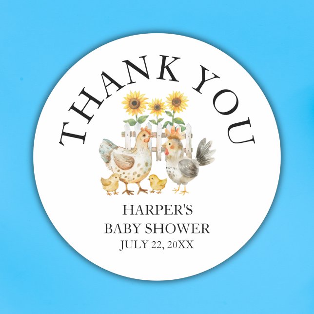 Adesivo Redondo Chá de Bebê de Frango de Fazenda Obrigado (chicken thank you baby shower sticker)