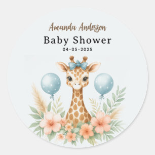 Adesivo Redondo Chá de Bebê de Girafa Bebê Fofo   Safari Azul