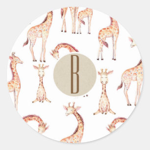 Adesivo Redondo Chá de Bebê de Girafas Marrons Favor Monograma da