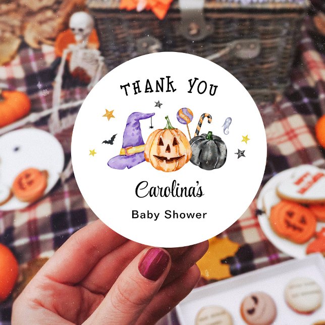 Adesivo Redondo Chá de Bebê de Halloween Obrigado (Criador carregado)