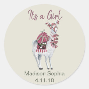 Adesivo Redondo Chá de bebê de lhama bege elegante fofo