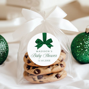 Adesivo Redondo Chá de Bebê de Natal com Laço Verde Elegante