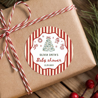 Adesivo Redondo Chá de Bebê de Natal Red Stripe