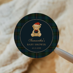 Adesivo Redondo Chá de Bebê de Natal Urso Teddy Polo Azul Marinho