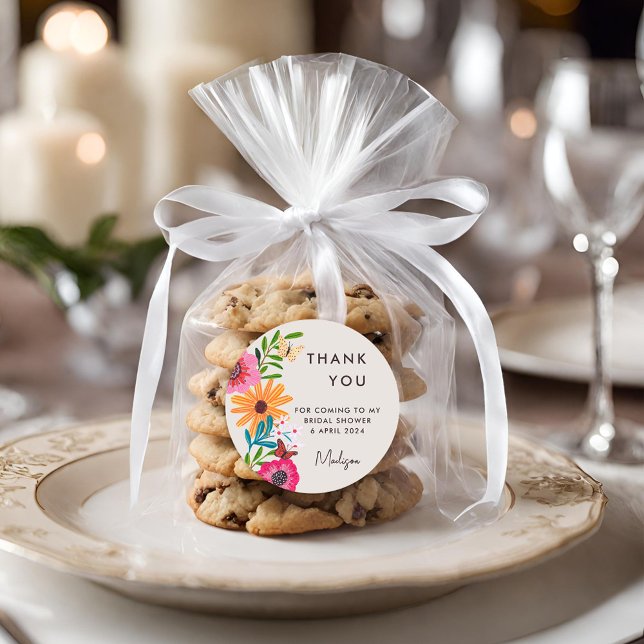 Adesivo Redondo Chá de Bebê de Noiva de Flor Silvestre Rosa Vibran (Bright Pink Wildflower Bridal Shower Thank You Classic Round Sticker)