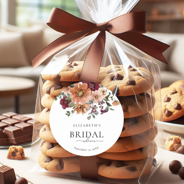 Adesivo Redondo Chá de Bebê de Noiva Floral Outonal em Terracota (Criador carregado)