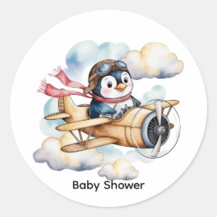 Adesivo Redondo Chá de Bebê do Menino Avião Antigo Penguin