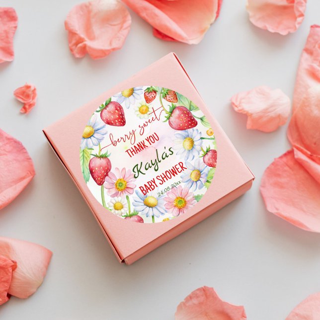 Adesivo Redondo Chá de bebê do morango doce agradecimento personal (Berry sweet summer garden strawberry baby shower thank you favor stickers berry sweet thank you)