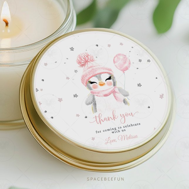 Adesivo Redondo Chá de bebê do Pinguim de Inverno (Penguin baby shower sticker, penguin theme baby shower stickers, personalized penguin baby shower st)