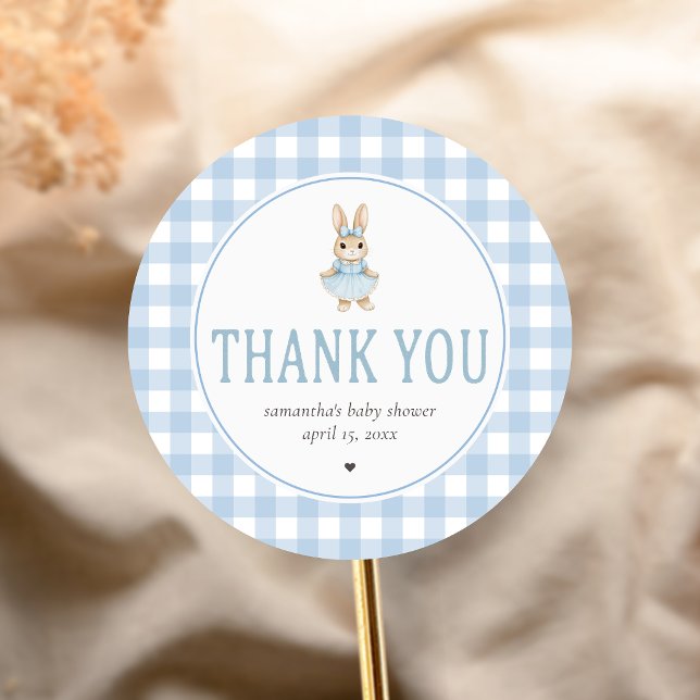 Adesivo Redondo Chá de Bebê do Somebunny (Gingham Little Bunny Baby Shower Sticker)