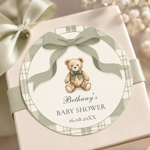 Adesivo Redondo Chá de Bebê do Ursinho Gingham Verde Salvia Préppy