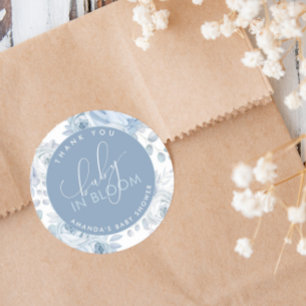 Adesivo Redondo Chá de Bebê Dusty Blue Floral Baby in Bloom