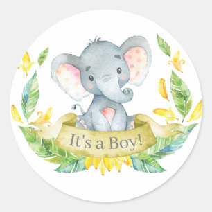 Adesivo Redondo Chá de Bebê Elefante Menino Amarelo