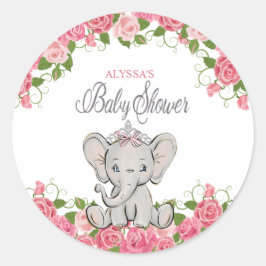 Adesivo Redondo Chá de Bebê Elefante Princesa Floral Rosa Fofa