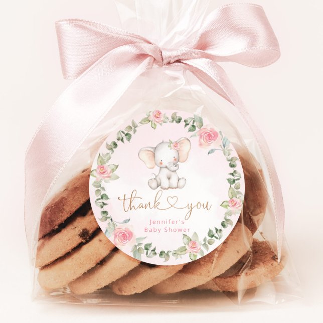 Adesivo Redondo Chá de bebê elefante rosa eucalipto menina (Criador carregado)