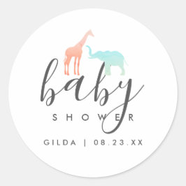 Adesivo Redondo Chá de Bebê Elegante Girafa Elefante