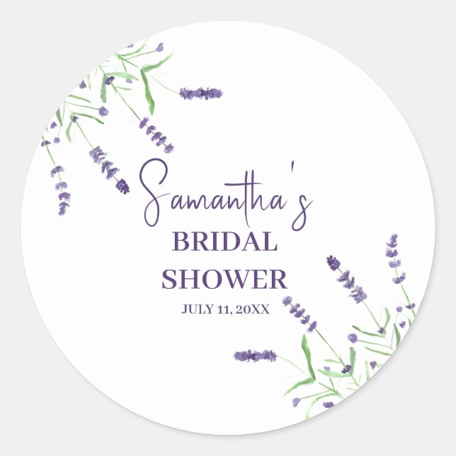 Adesivo Redondo Chá de Bebê em Aquarela Roxa com Flores de Lavanda (Frente)