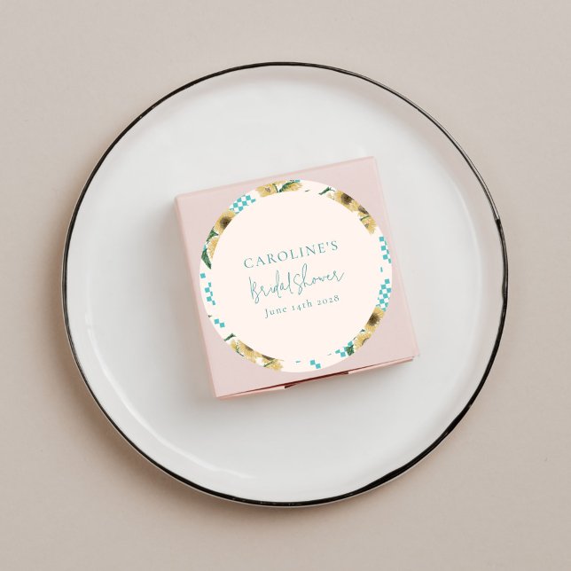 Adesivo Redondo Chá de Bebê em Xadrez Turquesa e Girassol (Criador carregado)