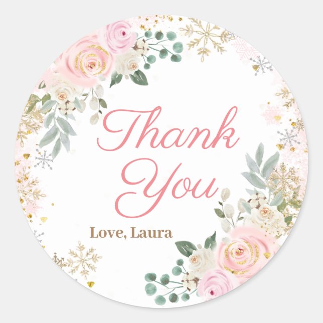 Adesivo Redondo Chá de Bebê Floco de Neve Floral Rosa de Inverno (Frente)