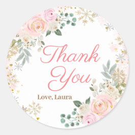 Adesivo Redondo Chá de Bebê Floco de Neve Floral Rosa de Inverno