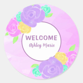 Adesivo Redondo Chá de Bebê Floral Aquarela Roxa Personalizável 