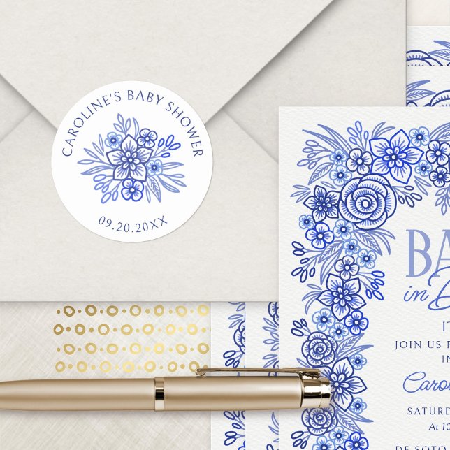 Adesivo Redondo Chá de Bebê Floral Azul Francês (Criador carregado)